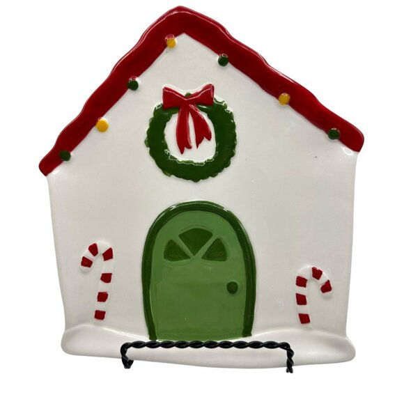Tag Christmas Dessert Plate Green Front Door Wreath Candy Cane Red Roof Lights - Picture 7 of 10
